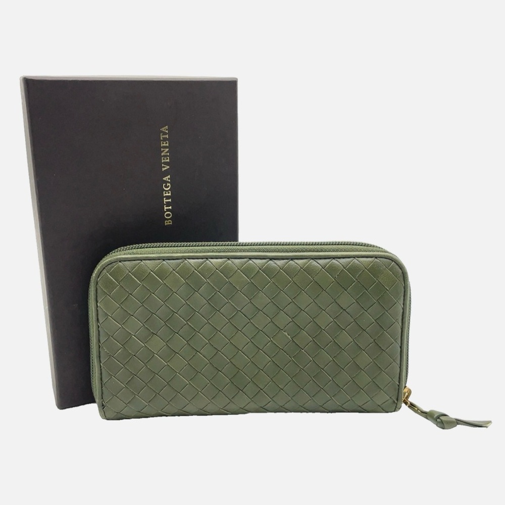 Bottega Veneta Intrecciato Leather Olive Green Zip Round Long Wallet W/Box